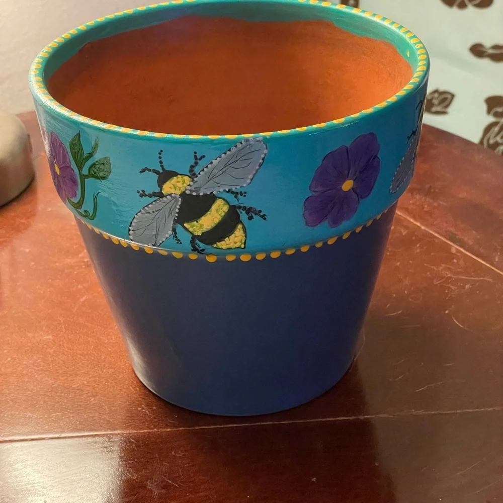 Hand crafted upcycled BEE Terra cotta pot painted blue purple yellow dots floral - Picture 14 of 14